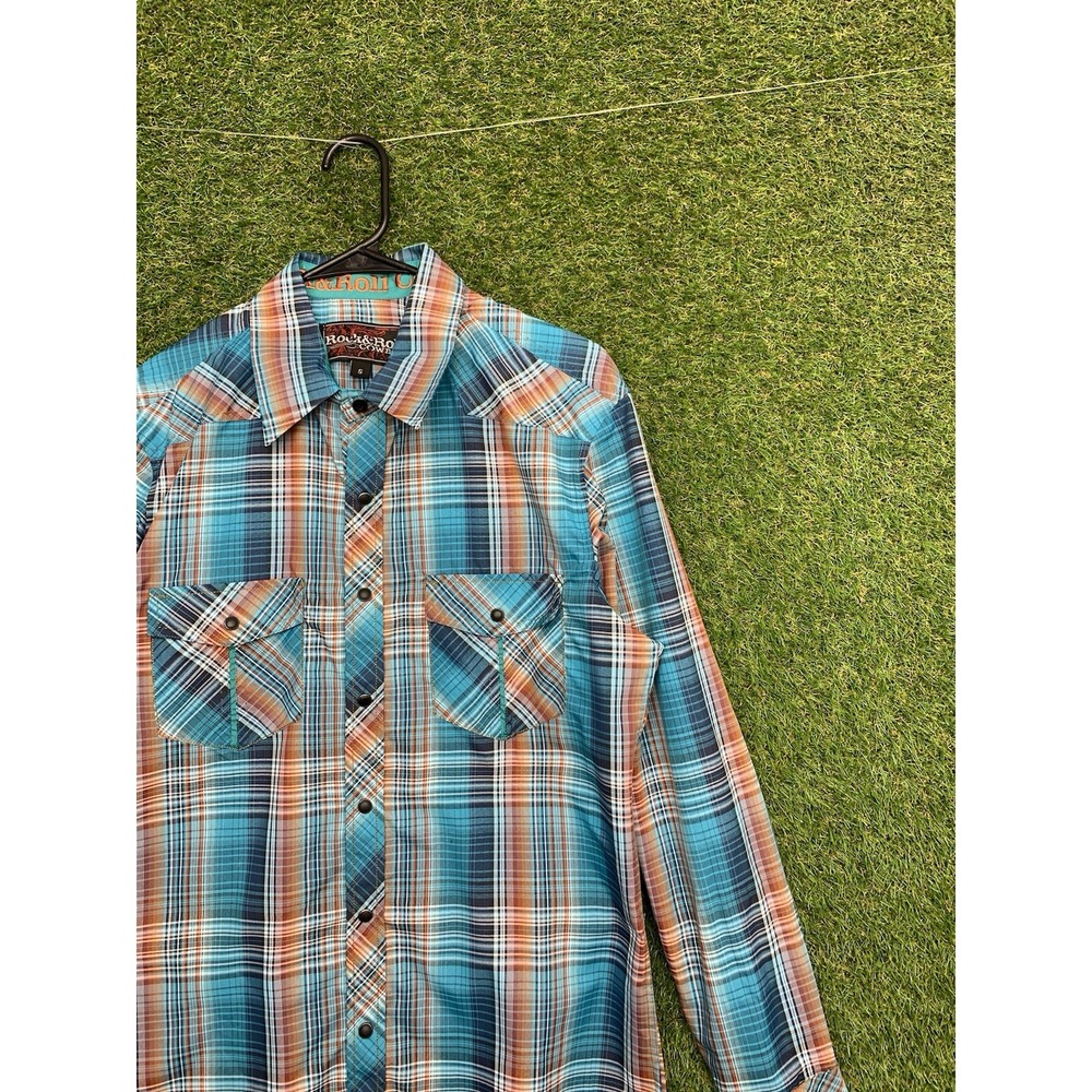 Rock & Roll Cowboy Shirt Mens Small Blue Plaid Pearl Snap All Over Western 90s